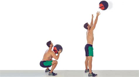 Grab a medicine ball and stand in a shoulder-width stance several feet in front of wall. Hold the medicine ball with both hands in front of your chest. Push your hips back and lower into a squat position. Quickly extend your hips and legs while tossing the ball for maximal height upwards against the wall. 